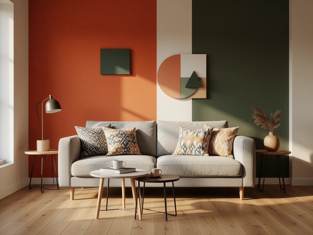 Nowoczesny salon w stylu skandynawskim z odważną ścianą akcentową w geometryczne bloki kolorów za sofą.