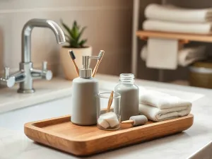 Jasny, nowoczesny salon w bloku z prostą sofą, małym stolikiem i dużym oknem, urządzony tak, by wydawał się przestronny.