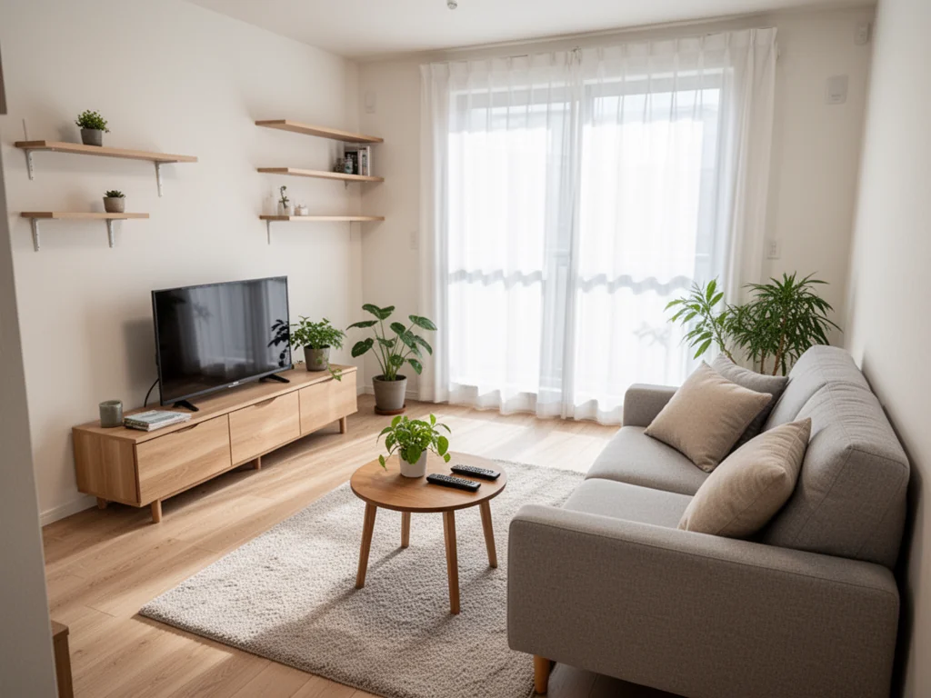Jasny, nowoczesny salon w bloku z prostą sofą, małym stolikiem i dużym oknem, urządzony tak, by wydawał się przestronny.
