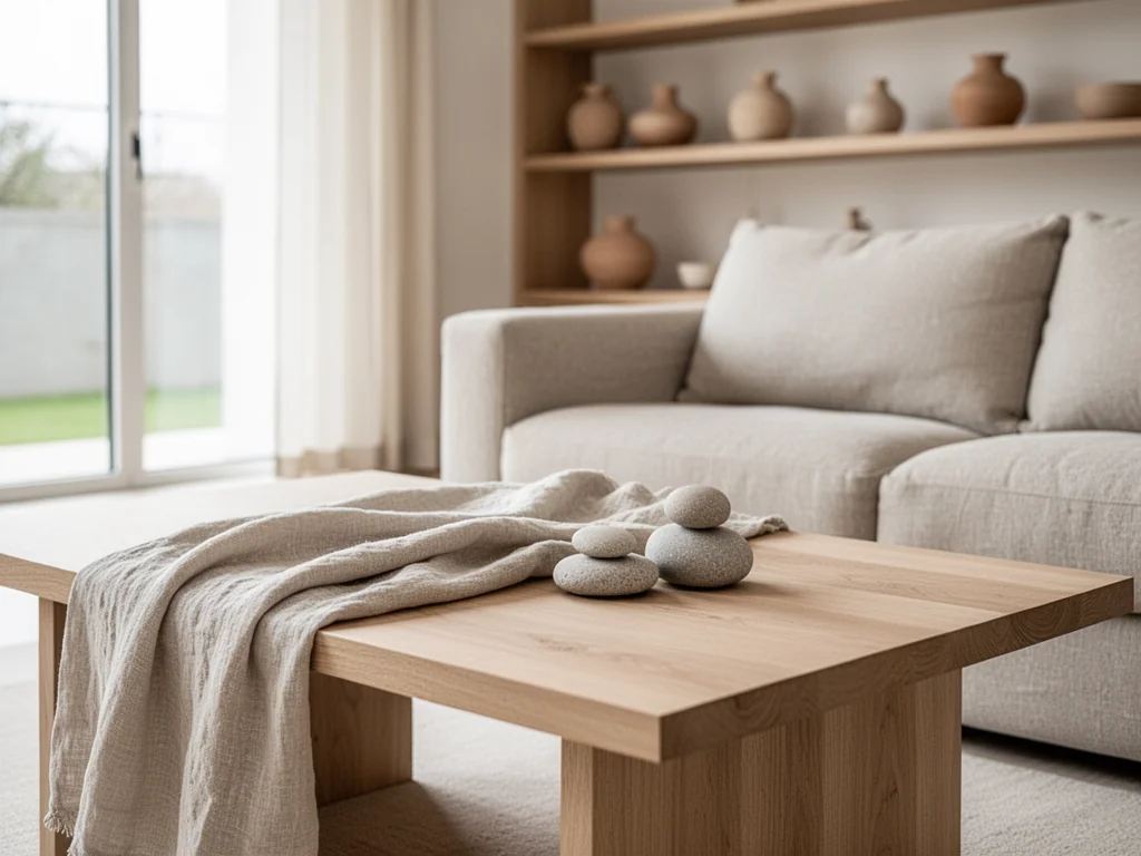 Jasny salon z drewnianym stolikiem, lnianym pledem i kamienną dekoracją, w tle beżowa sofa i minimalistyczne drewniane półki