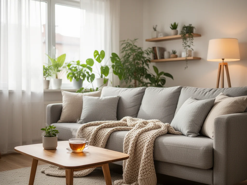 Przytulny salon w stylu skandynawskim z jasną sofą, kocem i roślinami, zapraszający do rodzinnego odpoczynku.
