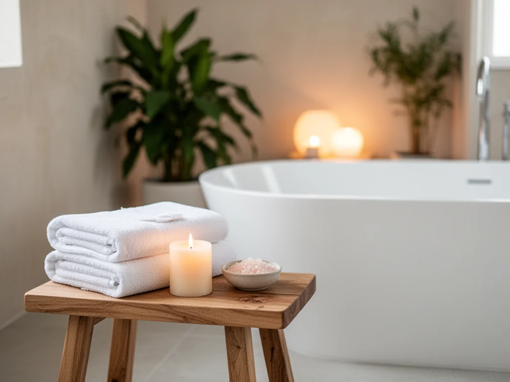 Minimalistyczna łazienka spa z wolnostojącą wanną, drewnianym stołkiem, ręcznikami, świecą i solami do kąpieli w relaksującej aranżacji.