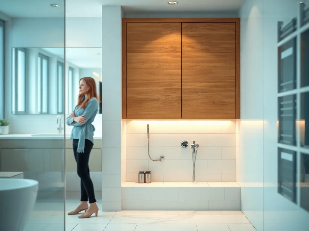 Minimalistyczna łazienka z drewnianą zabudową rur, która estetycznie ukrywa instalację hydrauliczną.