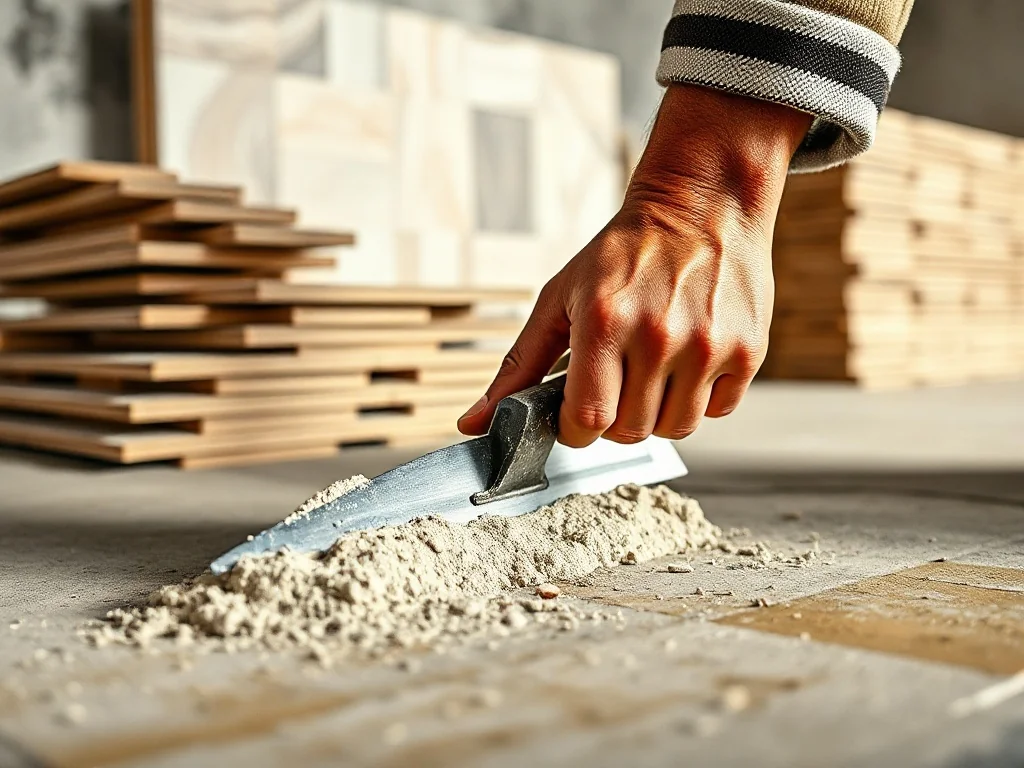 Fachowiec rozprowadza zaprawę klejową pacą zębatą na podłodze, przygotowując podłoże pod układanie płytek ceramicznych.