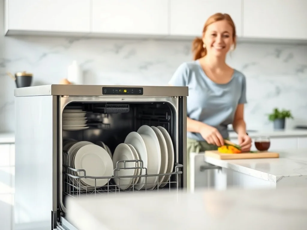 Nowoczesna zmywarka Whirlpool z otwartymi drzwiami i czystymi naczyniami w jasnej, minimalistycznej kuchni.