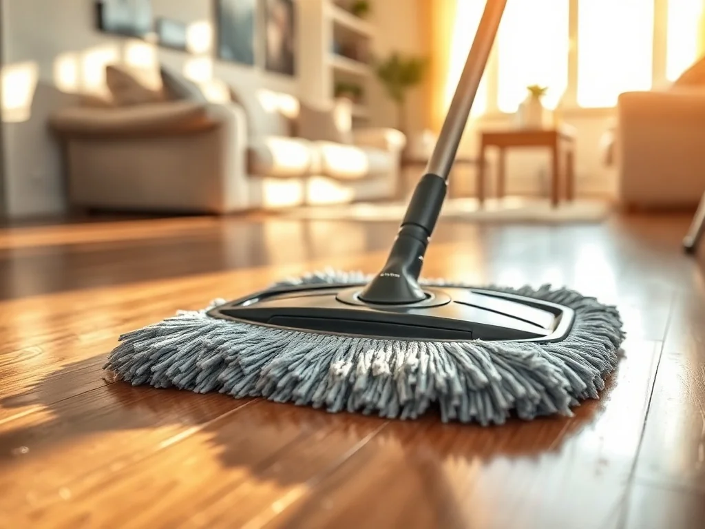 Lśniąca, czysta podłoga drewniana, na której widać odbicie światła oraz profesjonalny mop z mikrofibry.