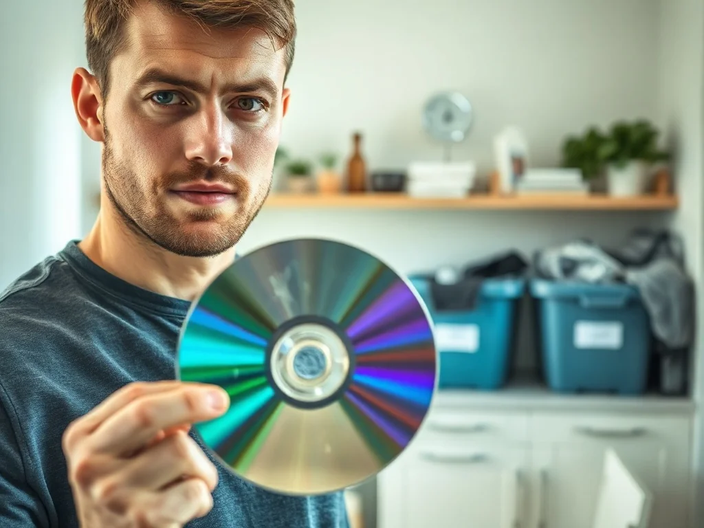 Mężczyzna trzymający w dłoni zużytą płytę CD na tle koszy do segregacji odpadów w kuchni.