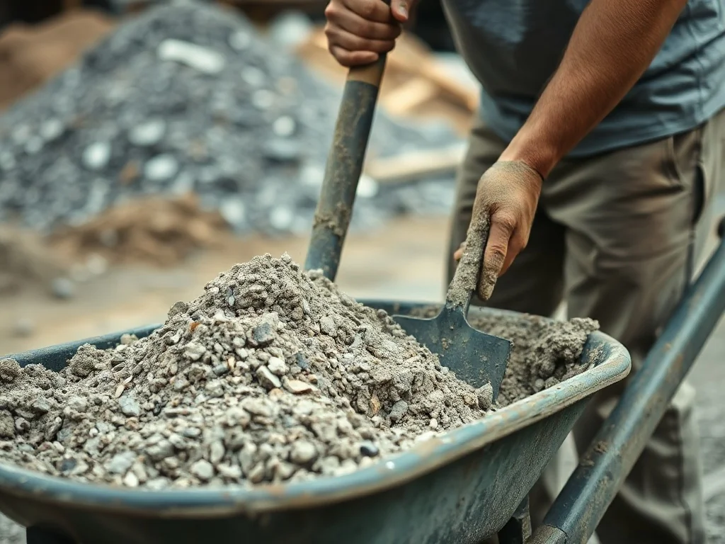 Mężczyzna miesza łopatą suchy beton w taczce na placu budowy, przygotowując mieszankę do prac konstrukcyjnych.