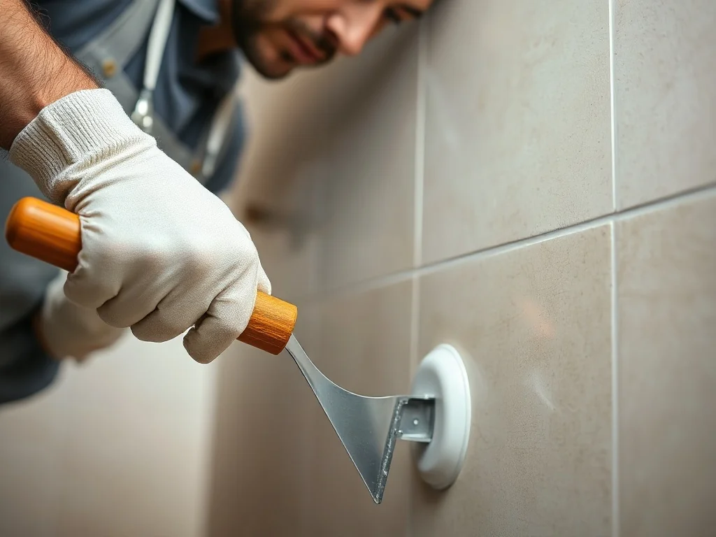Fachowiec precyzyjnie wypełnia fugą szczeliny między płytkami ceramicznymi za pomocą gumowej pacy.